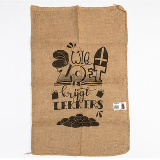NAGY SINTERKLAAS JUTA ZSÁK - FELIRATTAL: WIE ZOET IS KRIJGT LEKKERS - Kb. 60 x 100 cm (1 db)